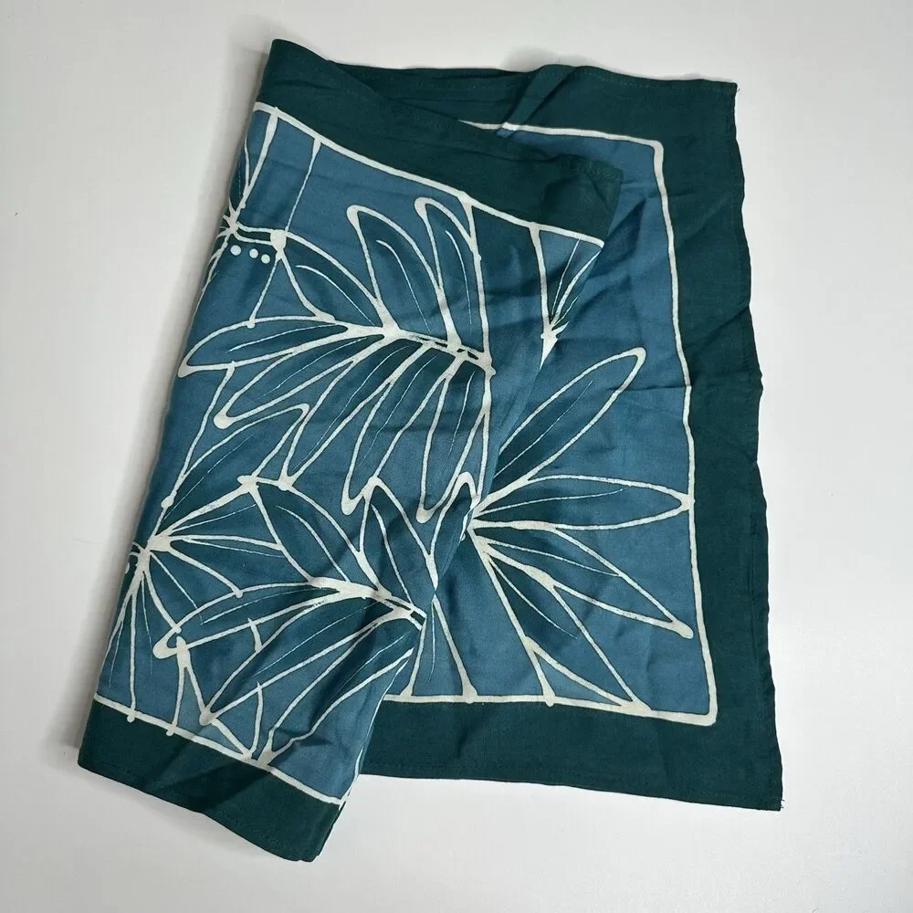 Feedora Hawaii Rectangle Scarf Teal Batik Bamboo Tropical Leaf Print 14